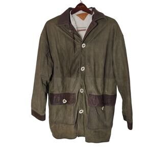 Du Sault Men's Sz XXL Green Suede Coat Sherpa Fleece Lining Antler Bone Buttons